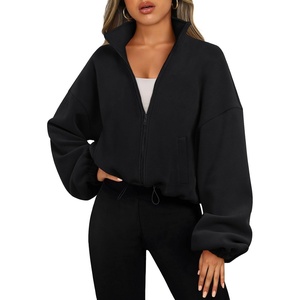 image:imageAUTOMET Womens Fleece Jackets Zip Up Oversized Cropped SweatshirtsBlack