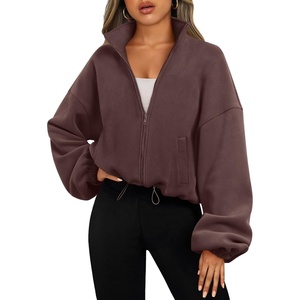 image:imageAUTOMET Womens Fleece Jackets Zip Up Oversized Cropped SweatshirtsBrown