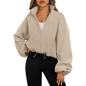 image:imageAUTOMET Womens Fleece Jackets Zip Up Oversized Cropped SweatshirtsKhaki