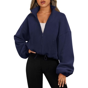 image:imageAUTOMET Womens Fleece Jackets Zip Up Oversized Cropped SweatshirtsNavy