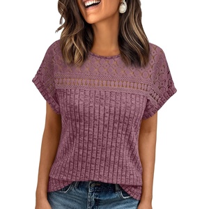 image:imageAUTOMET Womens Lace Short Sleeves Shirts Crochet Summer TopsBurgundy
