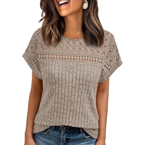 image:imageAUTOMET Womens Lace Short Sleeves Shirts Crochet Summer TopsKhaki