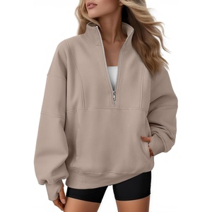 image:imageAUTOMET Womens Quarter Zip Oversized Sweatshirt Fleece Mock Neck PulloverBeige