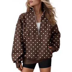 image:imageAUTOMET Womens Quarter Zip Oversized Sweatshirt Fleece Mock Neck PulloverBrown White Spots