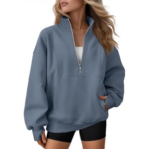 image:imageAUTOMET Womens Quarter Zip Oversized Sweatshirt Fleece Mock Neck PulloverGreyblue