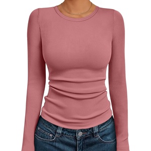 image:imageAUTOMET Womens Ribbed Long Sleeve Shirts Basic Top For Fall Work amp CasualCoral