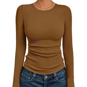 image:imageAUTOMET Womens Ribbed Long Sleeve Shirts Basic Top For Fall Work amp CasualLight Brown
