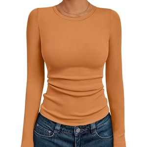 image:imageAUTOMET Womens Ribbed Long Sleeve Shirts Basic Top For Fall Work amp CasualOrange