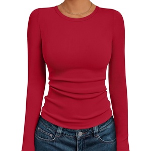 image:imageAUTOMET Womens Ribbed Long Sleeve Shirts Basic Top For Fall Work amp CasualRed