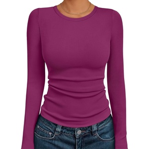 image:imageAUTOMET Womens Ribbed Long Sleeve Shirts Basic Top For Fall Work amp CasualRose Red