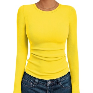image:imageAUTOMET Womens Ribbed Long Sleeve Shirts Basic Top For Fall Work amp CasualYellow