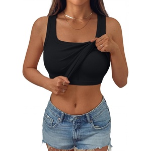 image:imageAUTOMET Womens Ribbed Tank Top with Built in Bra Scoop Neck Basic TopsBlack
