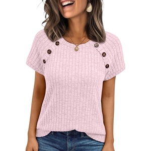 image:imageAUTOMET Womens Short Sleeve Decorative Buttons ShirtsPink