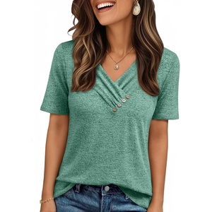 image:imageAUTOMET Womens Short Sleeve Tunics Summer Tops V Neck Button Shirts 2026Green