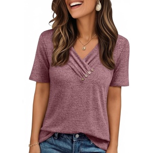 image:imageAUTOMET Womens Short Sleeve Tunics Summer Tops V Neck Button Shirts 2026Wine