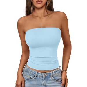 image:imageAUTOMET Womens Strapless Bandeau Tube Tops Stretchy Summer Going Out TankBaby Blue