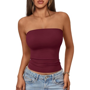 image:imageAUTOMET Womens Strapless Bandeau Tube Tops Stretchy Summer Going Out TankBurgundy
