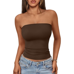 image:imageAUTOMET Womens Strapless Bandeau Tube Tops Stretchy Summer Going Out TankChocolate