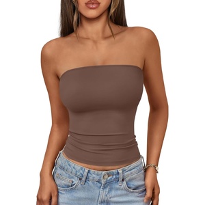 image:imageAUTOMET Womens Strapless Bandeau Tube Tops Stretchy Summer Going Out TankCoffee
