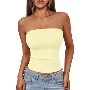 image:imageAUTOMET Womens Strapless Bandeau Tube Tops Stretchy Summer Going Out TankLight Yellow