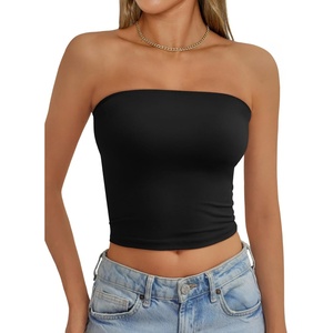 image:imageAUTOMET Womens Strapless Tube Tops Bandeau Crop TopsBlack