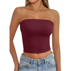 image:imageAUTOMET Womens Strapless Tube Tops Bandeau Crop TopsBurgundy