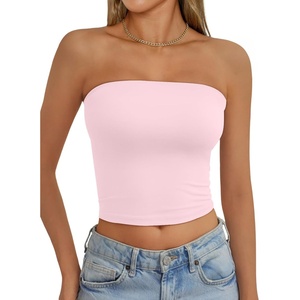 image:imageAUTOMET Womens Strapless Tube Tops Bandeau Crop TopsPink