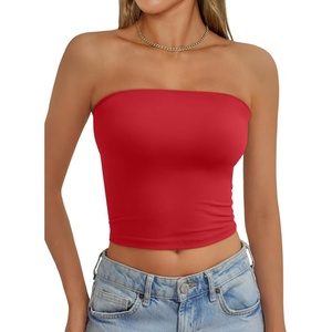 image:imageAUTOMET Womens Strapless Tube Tops Bandeau Crop TopsRed