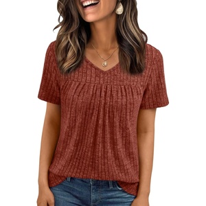 image:imageAUTOMET Womens Summer V Neck Babydoll Tops Short Sleeve ShirtsCaramel