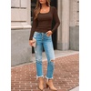 image:imageAUTOMET Womens Square Neck Ribbed Long Sleeve Slim Fit Tops FallBrown