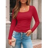image:imageAUTOMET Womens Square Neck Ribbed Long Sleeve Slim Fit Tops FallRed