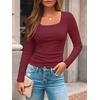 image:imageAUTOMET Womens Square Neck Ribbed Long Sleeve Slim Fit Tops FallWine