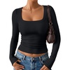 image:imageAUTOMET Womens Square Neck Ribbed Long Sleeve Slim Fit Tops FallBlack