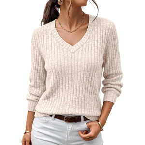 image:imageAUTOMET Womens V Neck Long Sleeve Shirts Fall Tops 2026 Lightweight SweaterApricot