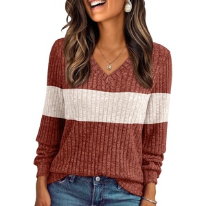 image:imageAUTOMET Womens V Neck Long Sleeve Shirts Fall Tops 2026 Lightweight SweaterCaramal Apricot Block