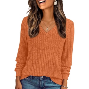 image:imageAUTOMET Womens V Neck Long Sleeve Shirts Fall Tops 2026 Lightweight SweaterPumpkin